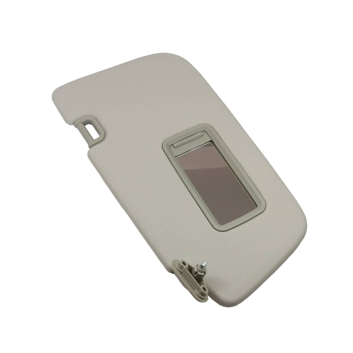 Light gray sun visor with vanity mirror window and metal hinges