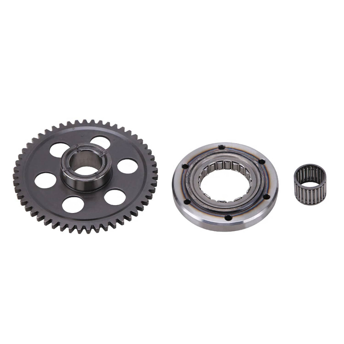 Starter clutch kit components: steel gear, one-way bearing housing, needle bearing