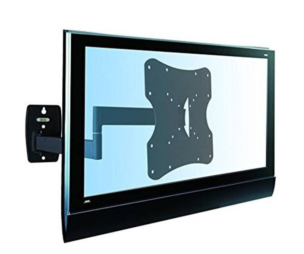 Black full-motion TV wall mount attached to flat-screen TV on wall
