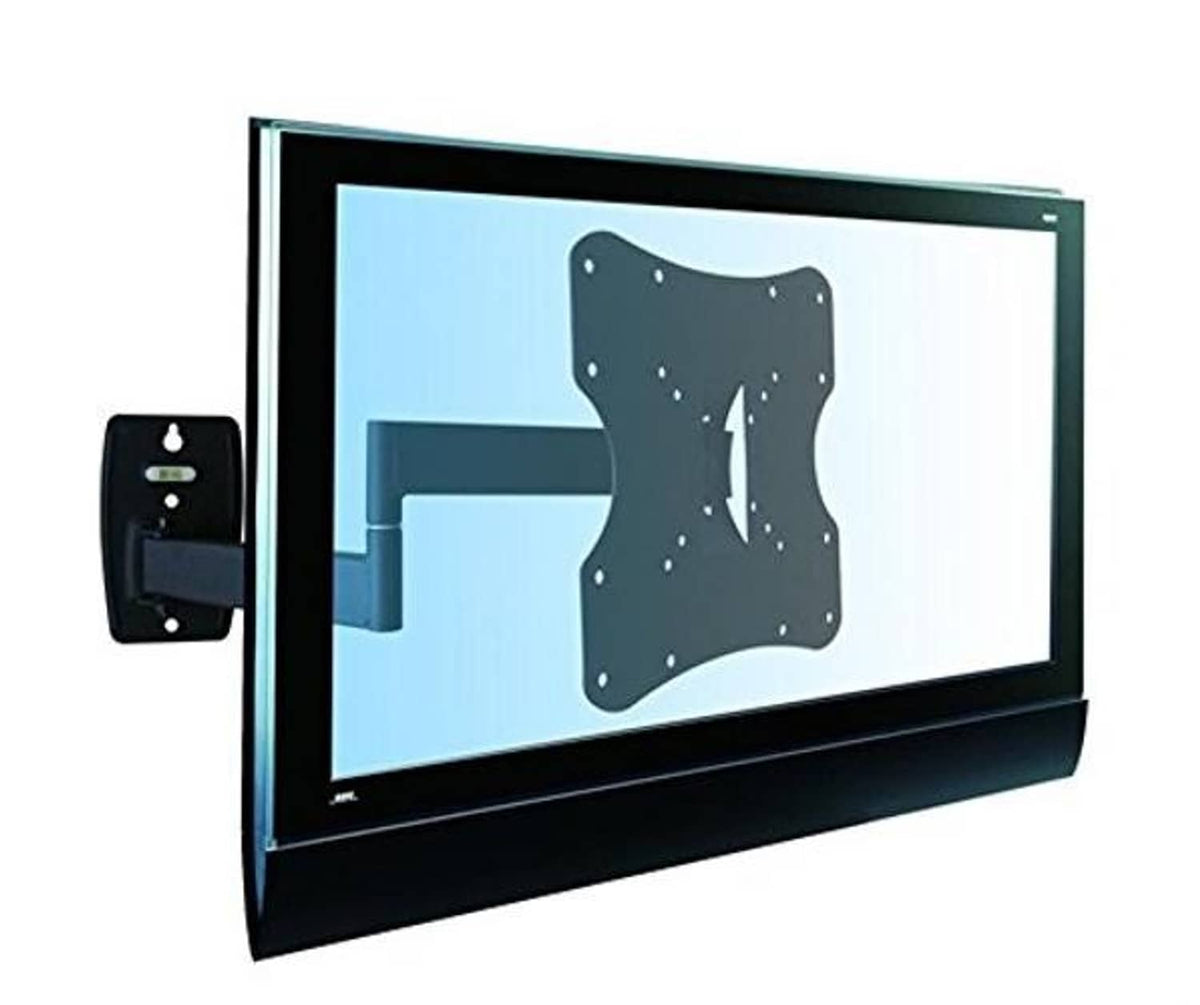 Black full-motion TV wall mount attached to flat-screen TV on wall