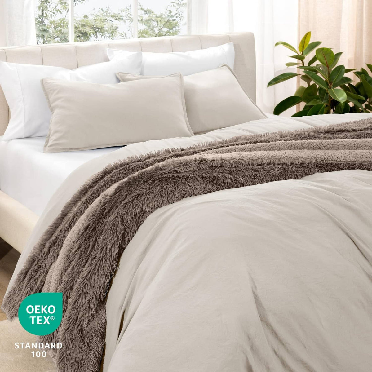Fog-washed microfiber duvet cover set with two pillow shams on bed