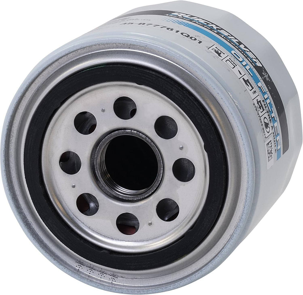 Marine oil filter close-up showing perforated metal top and center threaded inlet