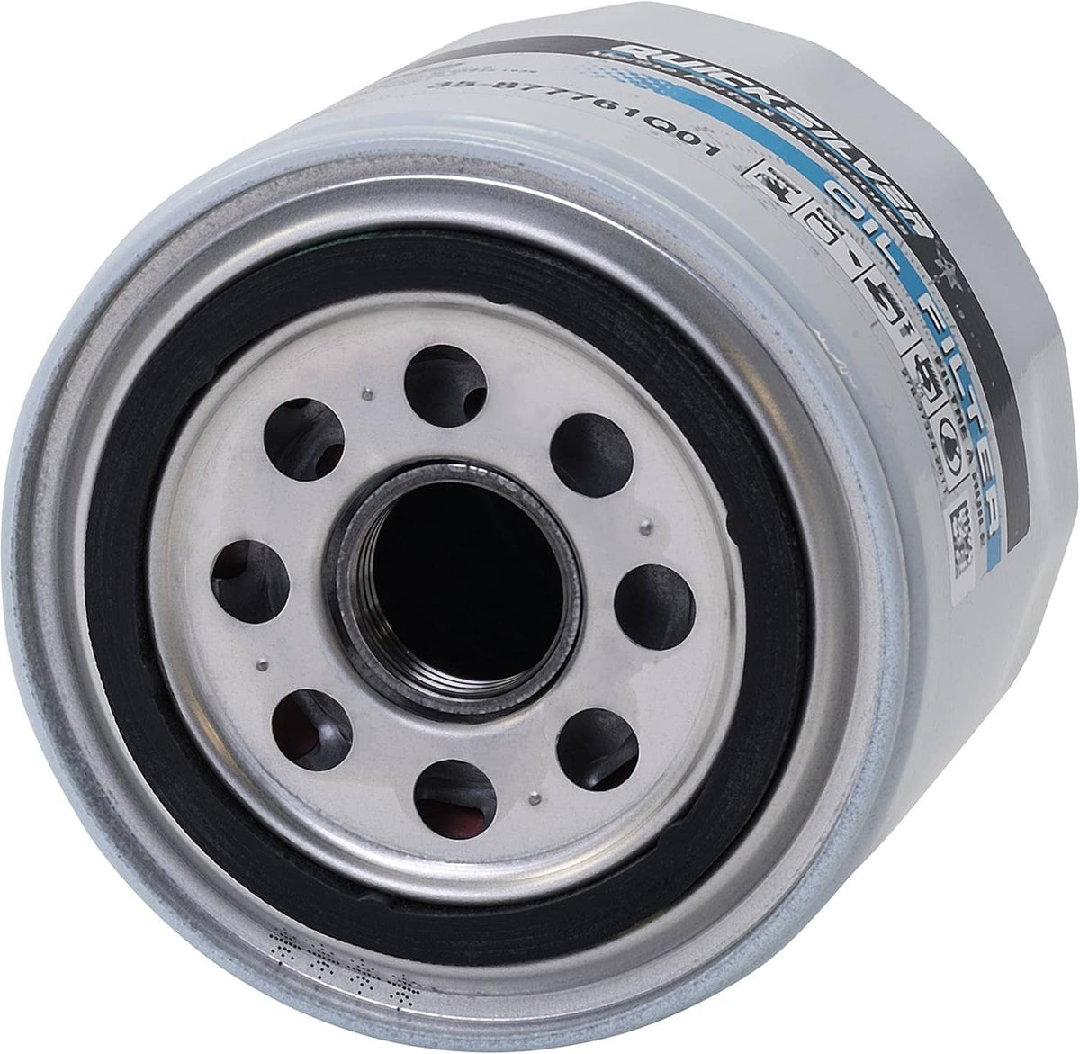 Marine oil filter close-up showing perforated metal top and center threaded inlet