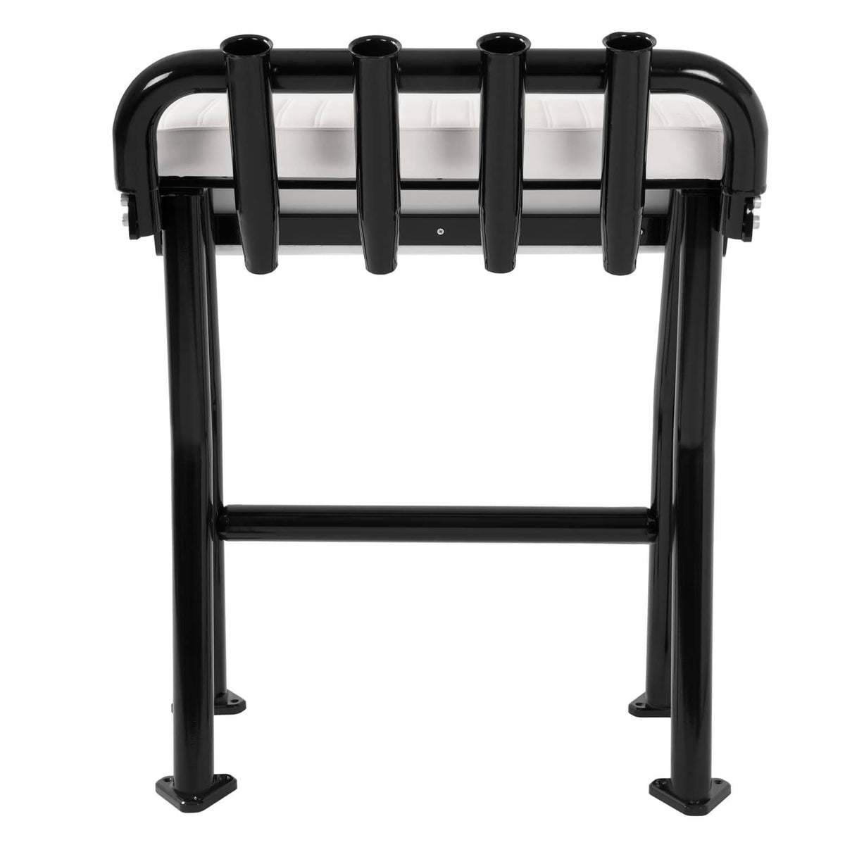Black leaning boat seat frame with white cushion and four rod holder tubes