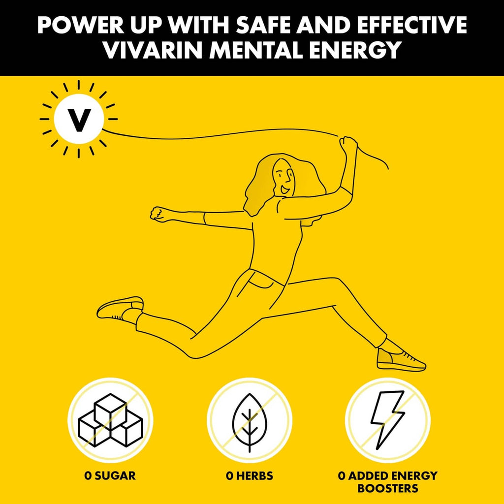 Vivarin mental energy graphic with V icon and energy boost symbols