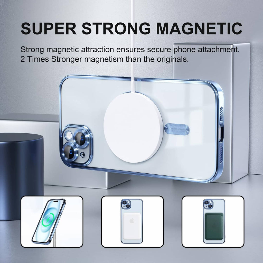 Light blue clear magnetic phone case for iPhone 15 Plus with circular magnetic pad