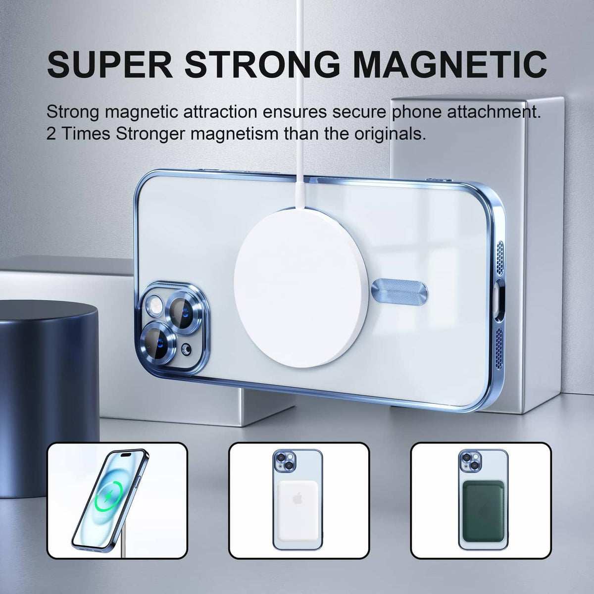 Light blue clear magnetic phone case for iPhone 15 Plus with circular magnetic pad