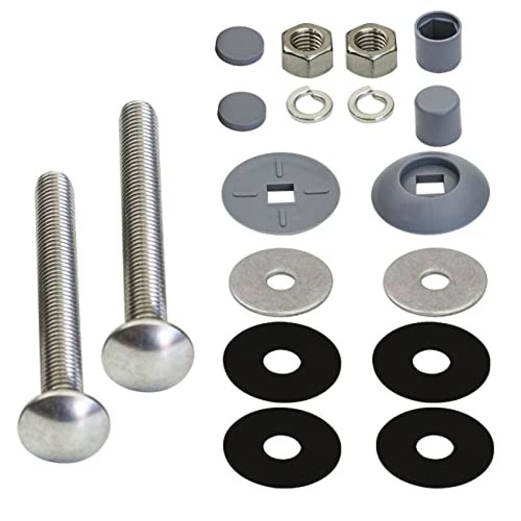 Residential diving board mounting kit parts: two screws, hex nuts, washers, gray caps, black gaskets