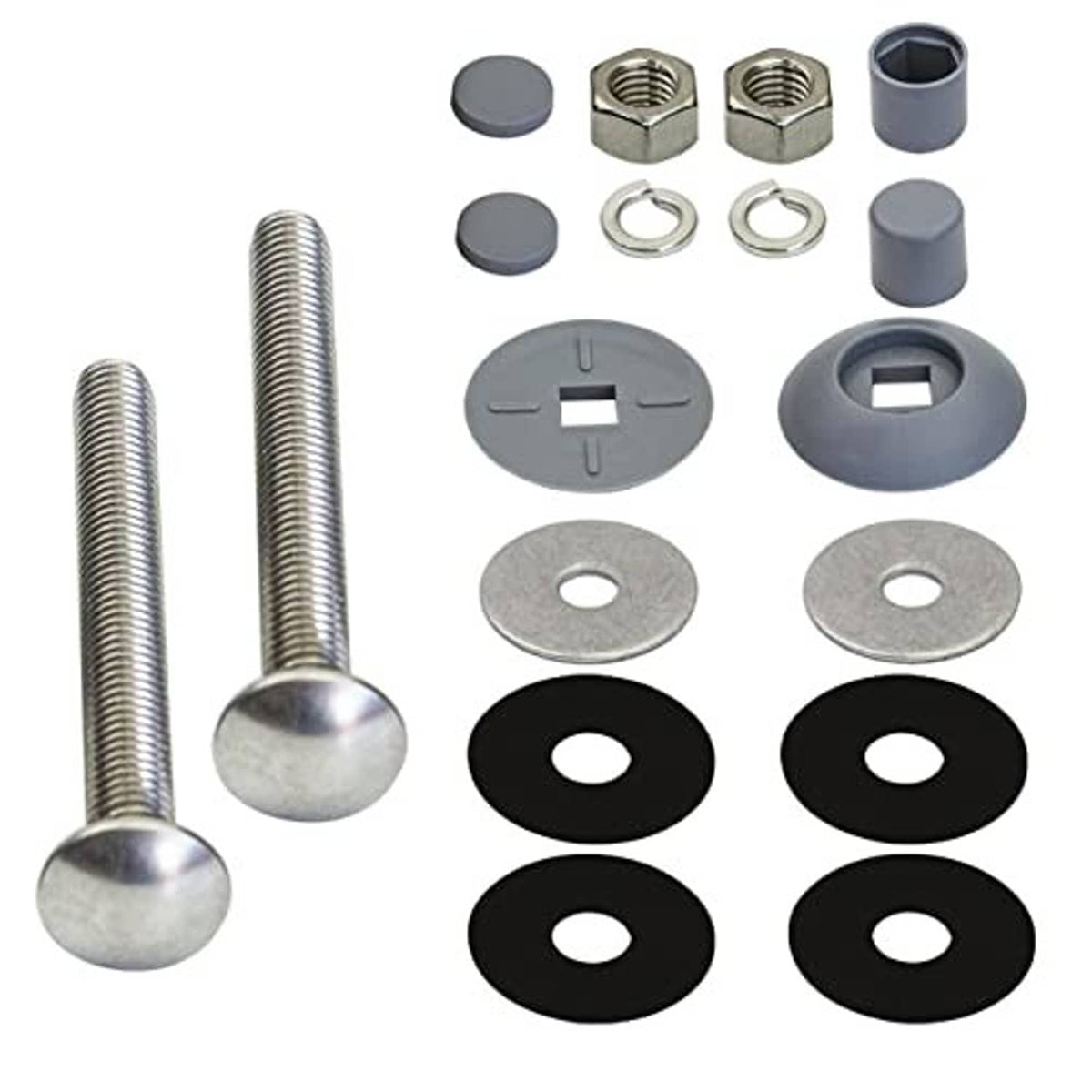 Residential diving board mounting kit parts: two screws, hex nuts, washers, gray caps, black gaskets