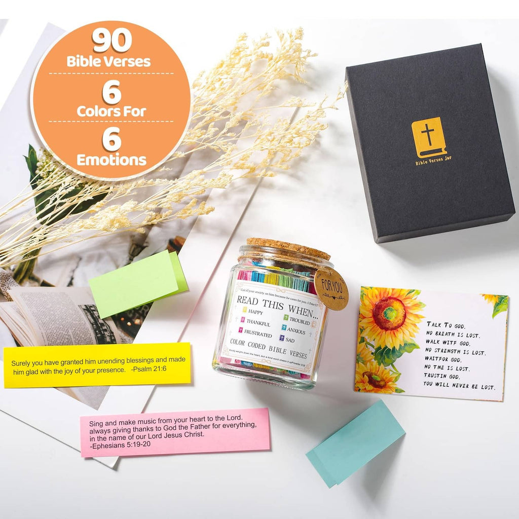 Prayer verse jar with cork lid with colorful note cards and black gift box