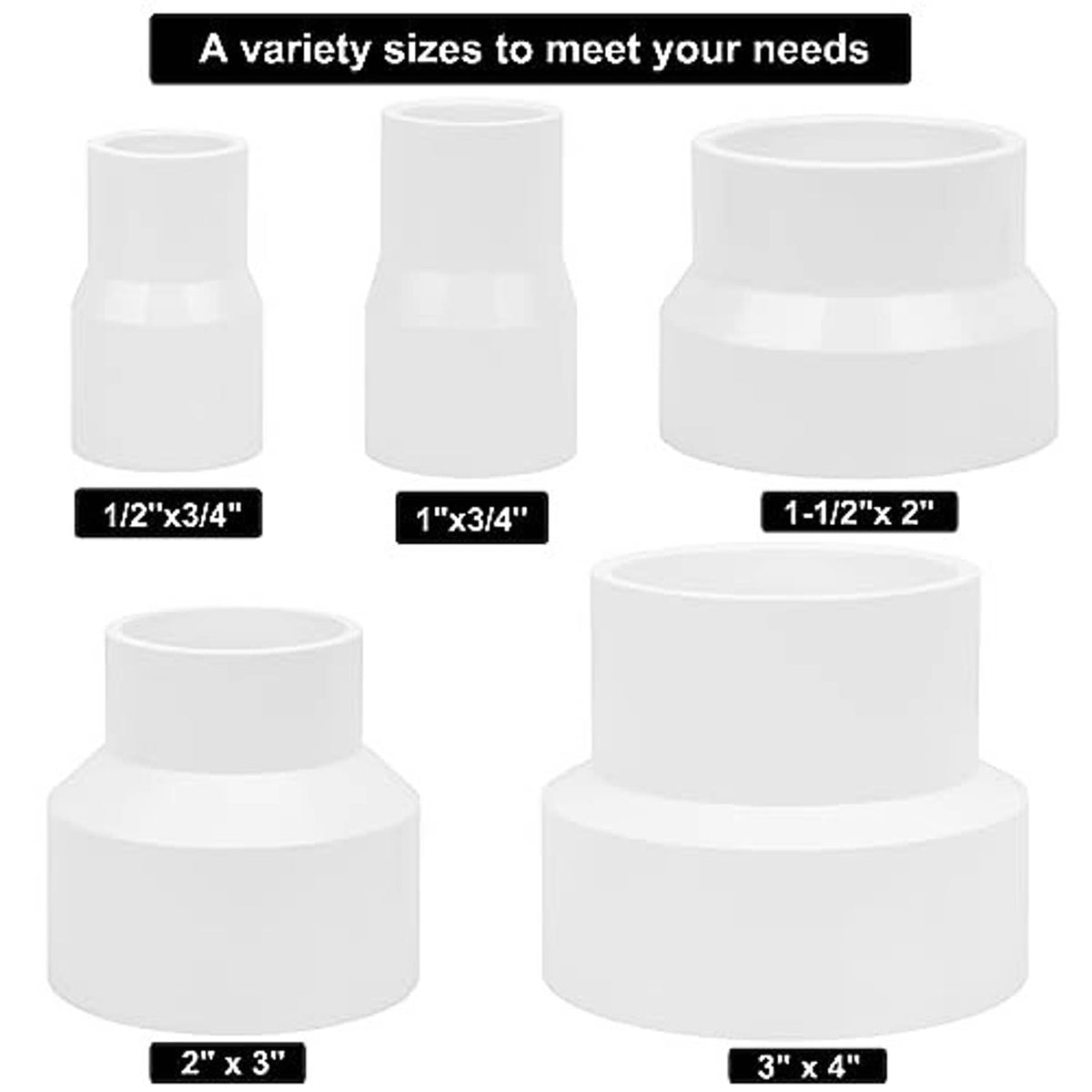 White PVC DWV reducer couplings in multiple sizes, socket-to-socket ends