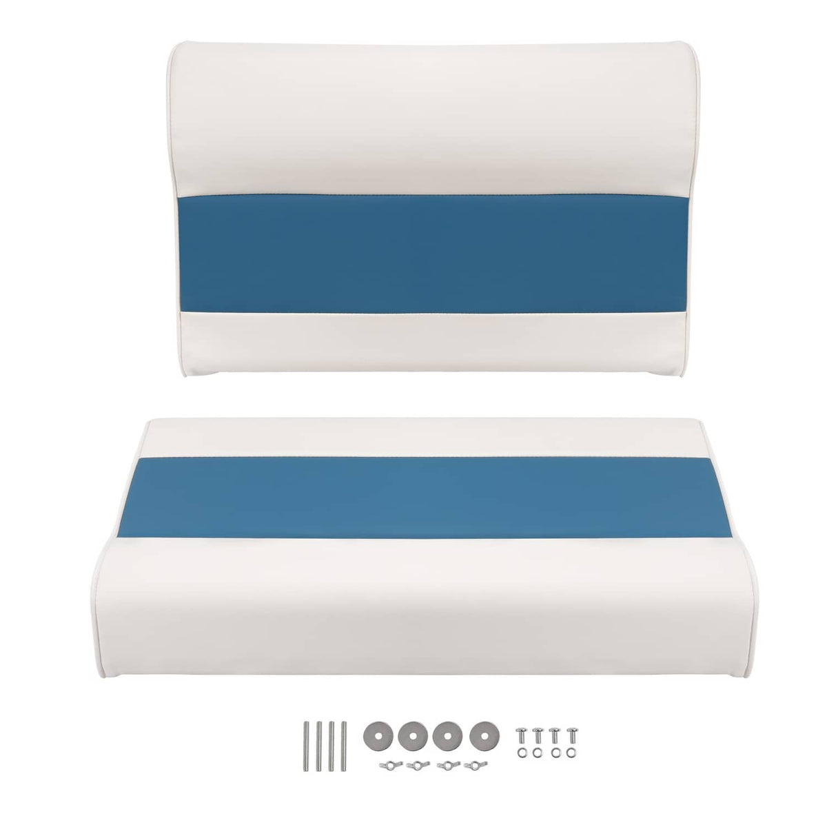 28-inch pontoon bench seat cushion set with white base and navy blue center stripe