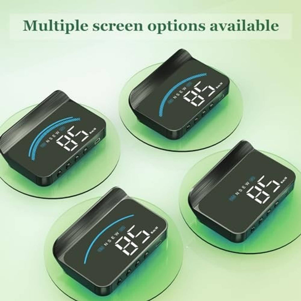 Universal car heads-up display shown in multiple styles with blue gauge and digital numbers