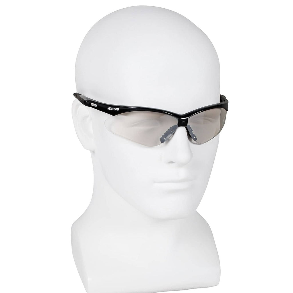 Black safety eyewear on a head form with gray-tinted wraparound lenses