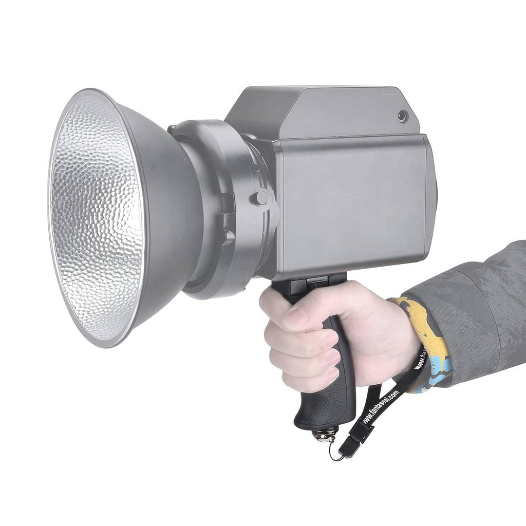 Black camera grip with mounting plate and large lens-facing head