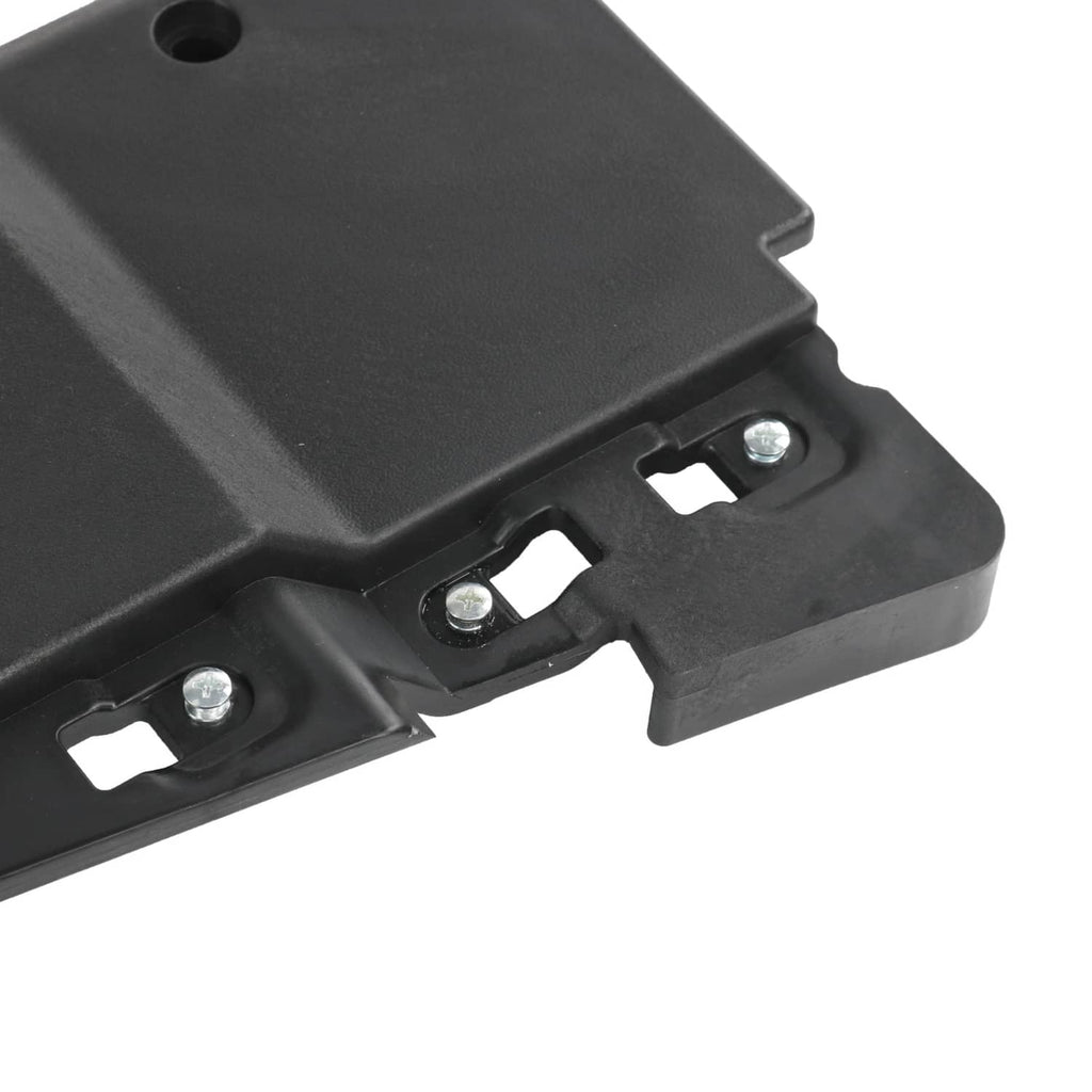 Interior door handle bracket, black plastic with mounting holes and metal fasteners