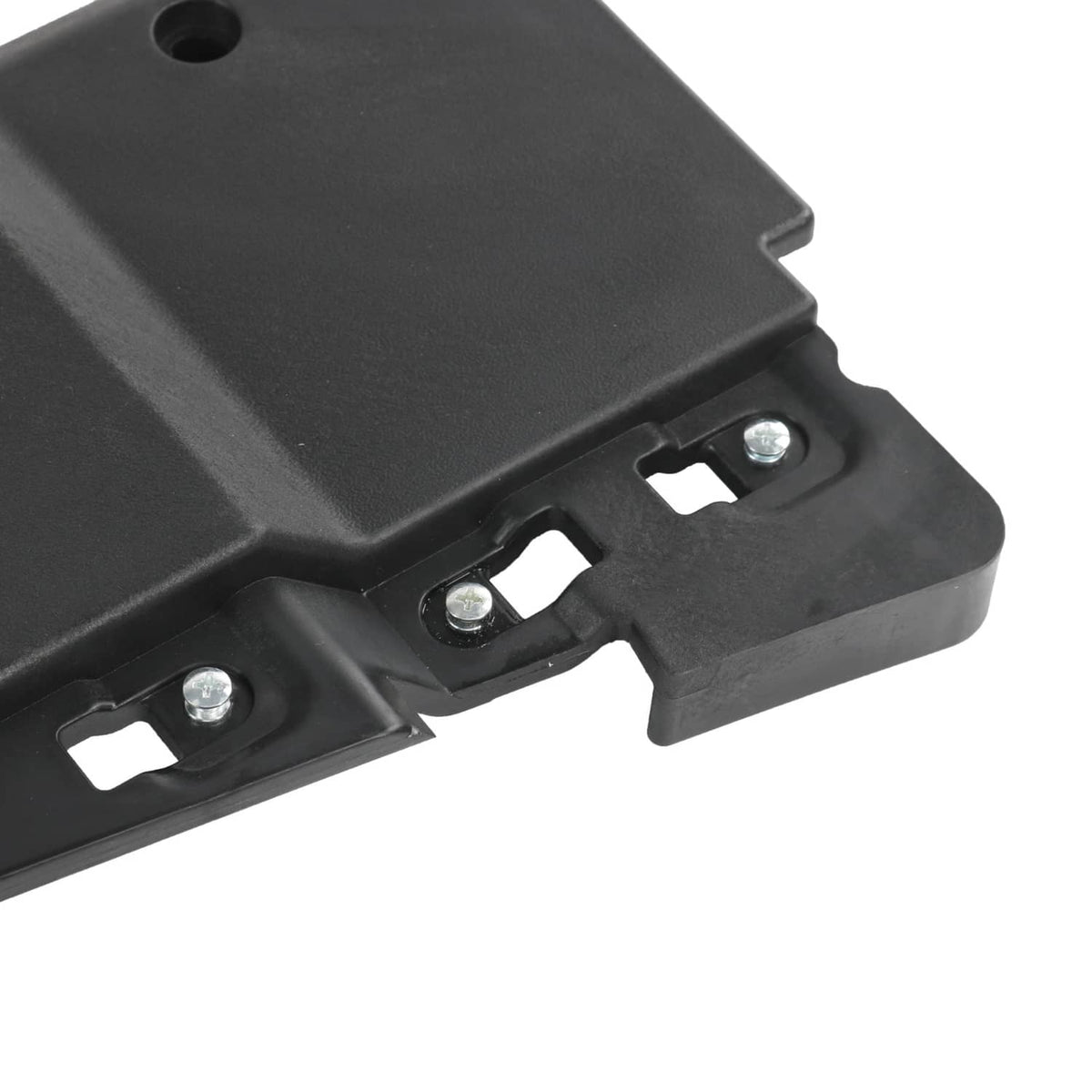 Interior door handle bracket, black plastic with mounting holes and metal fasteners
