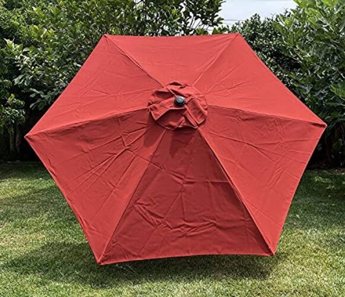 Brick-red umbrella replacement canopy with round finial and stitched rib seams