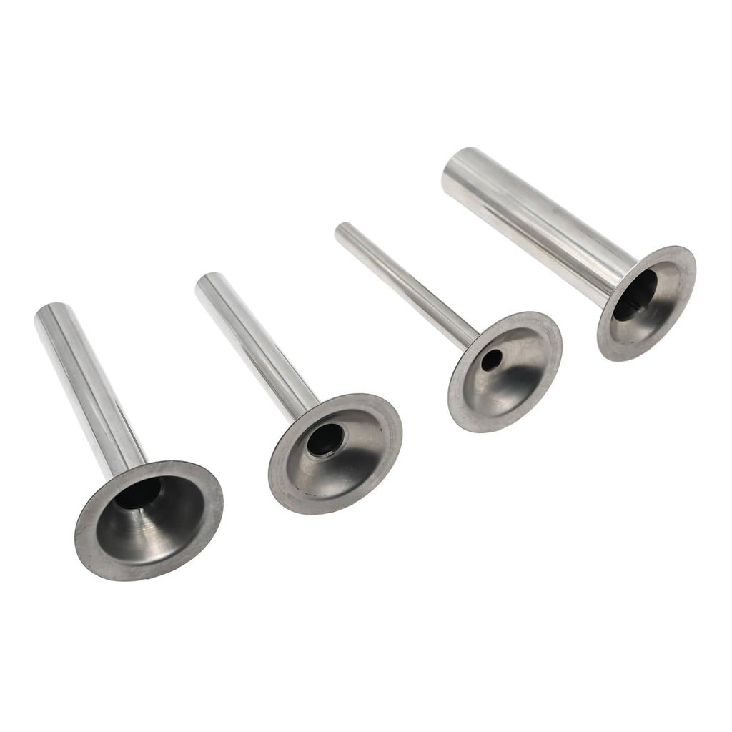 Stainless steel sausage stuffing tubes, four cylindrical funnels with wide openings