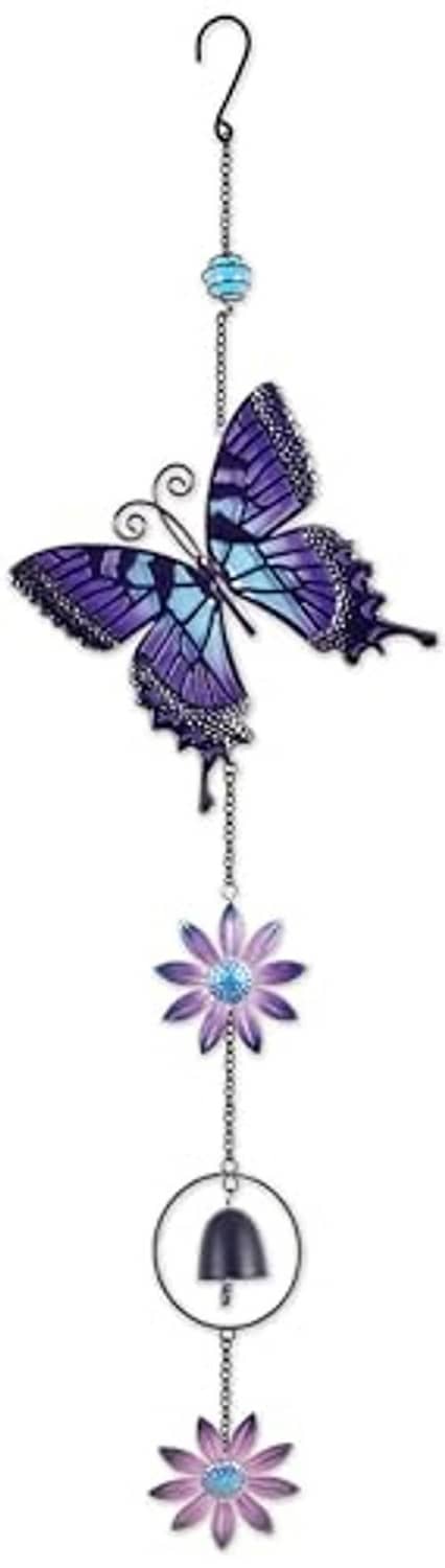 Metal wind bell mobile with blue-purple butterflies and flower charms plus round bell