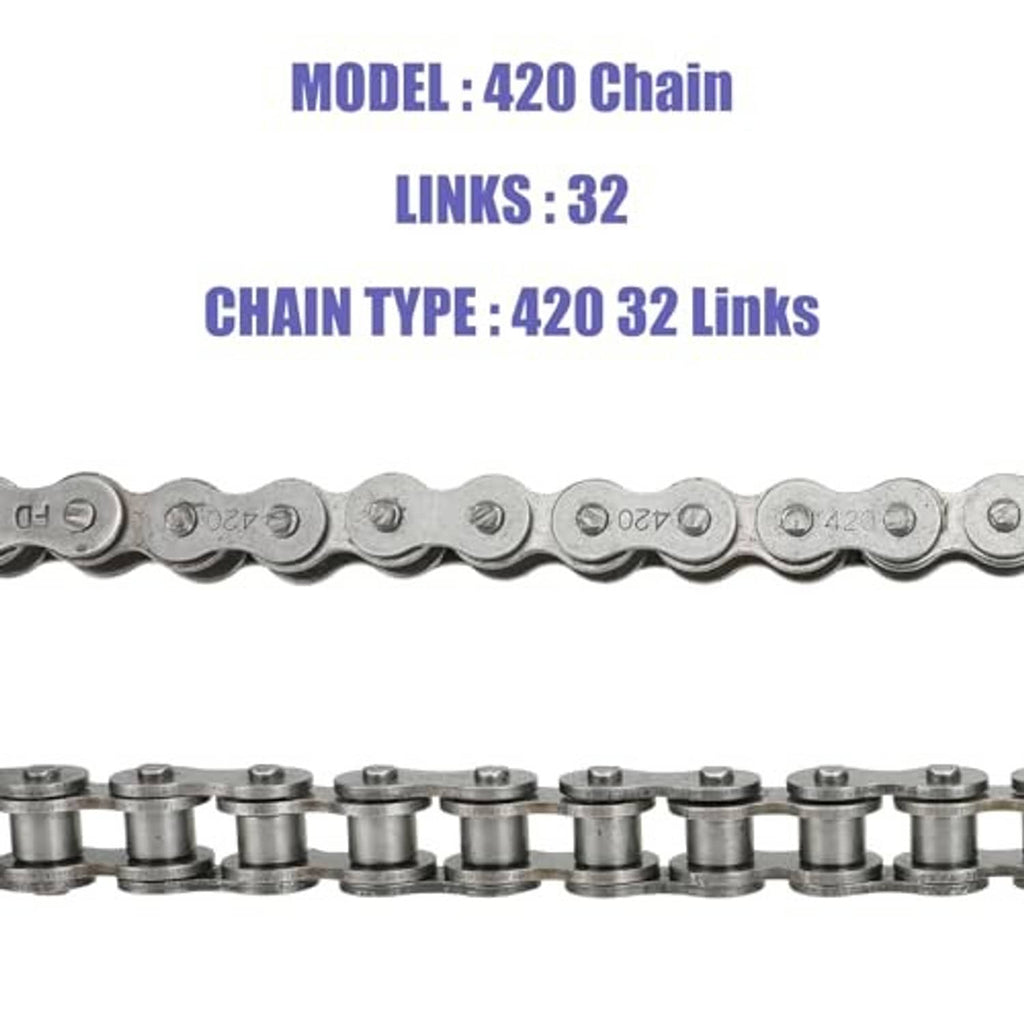 Silver 420 roller chain with 32 links, straight side profile