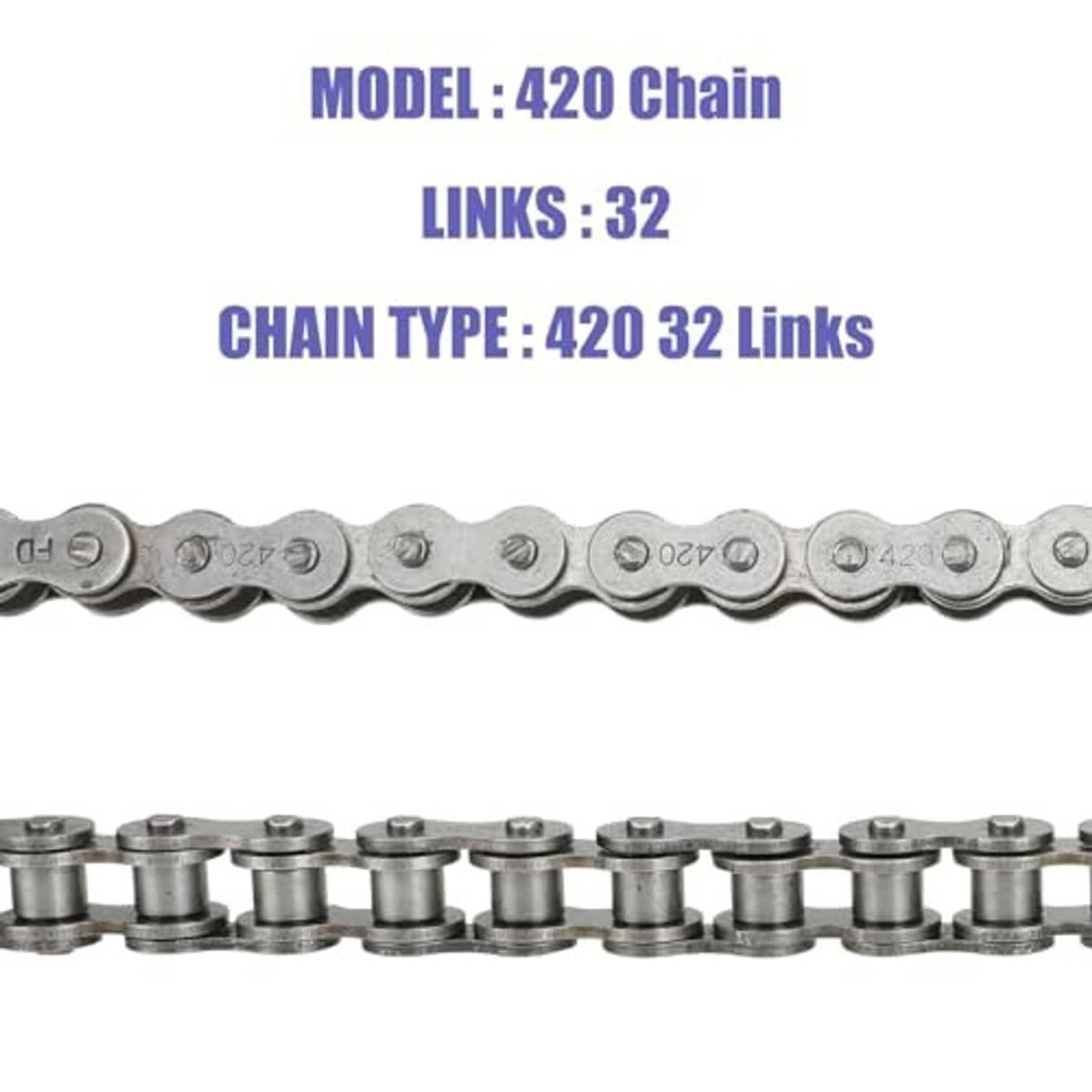 Silver 420 roller chain with 32 links, straight side profile