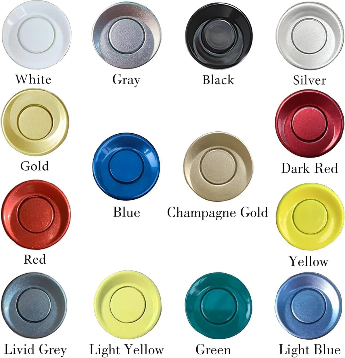Parking sensor color options showing round sensors in white, gray, black, gold, and more