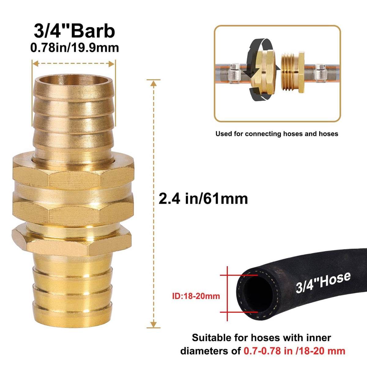 Brass 3/4" barbed hose connector with clamp and black hose end