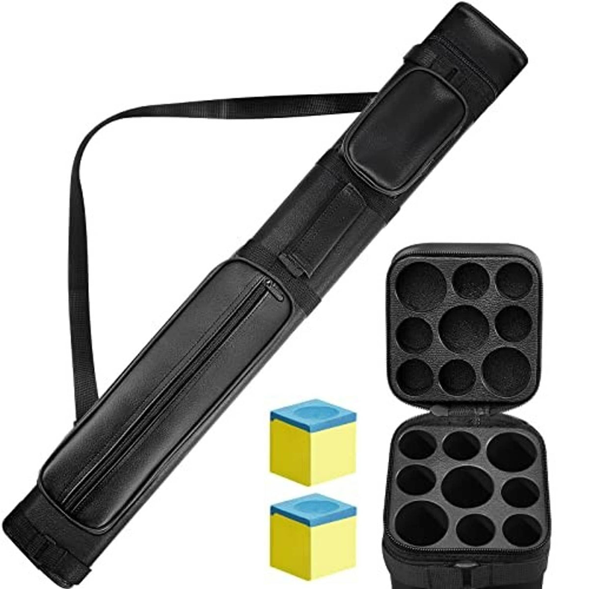 Black billiard cue case with shoulder strap and open end showing round insert slots