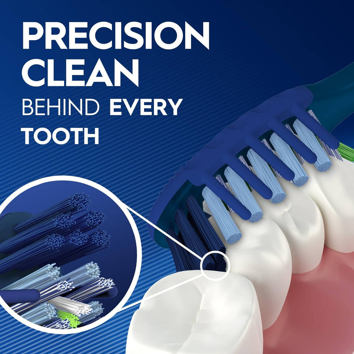 Toothbrush head with crossaction bristles, for precision cleaning behind teeth