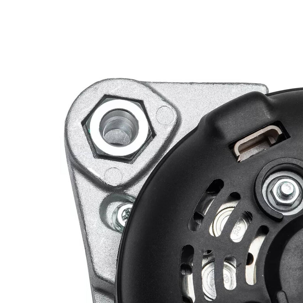 Alternator electrical plug and mounting bracket on vented housing, extreme close-up