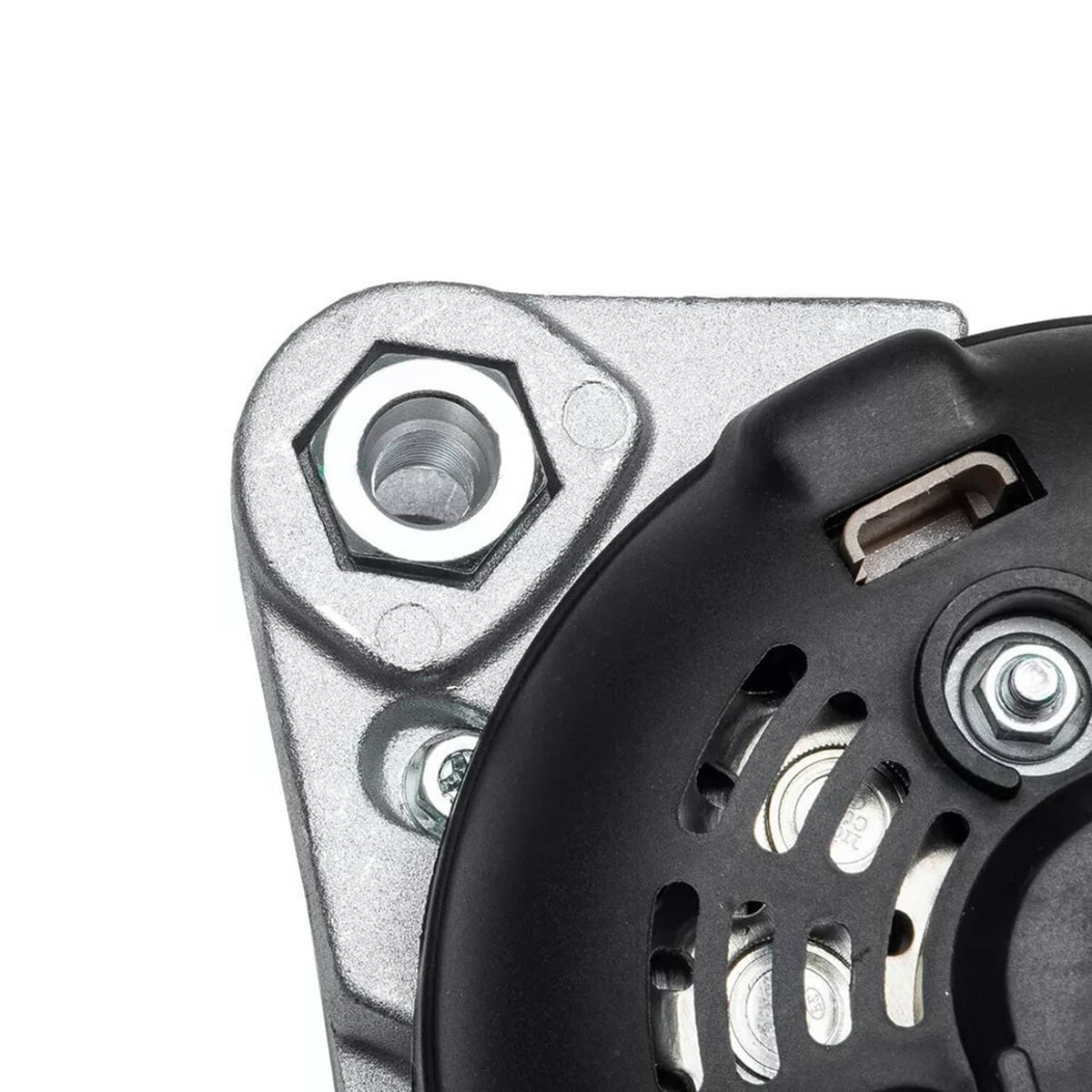 Alternator electrical plug and mounting bracket on vented housing, extreme close-up