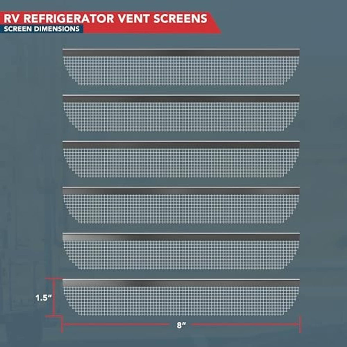 Set of black wire mesh insect screen panels sized for RV refrigerator vent