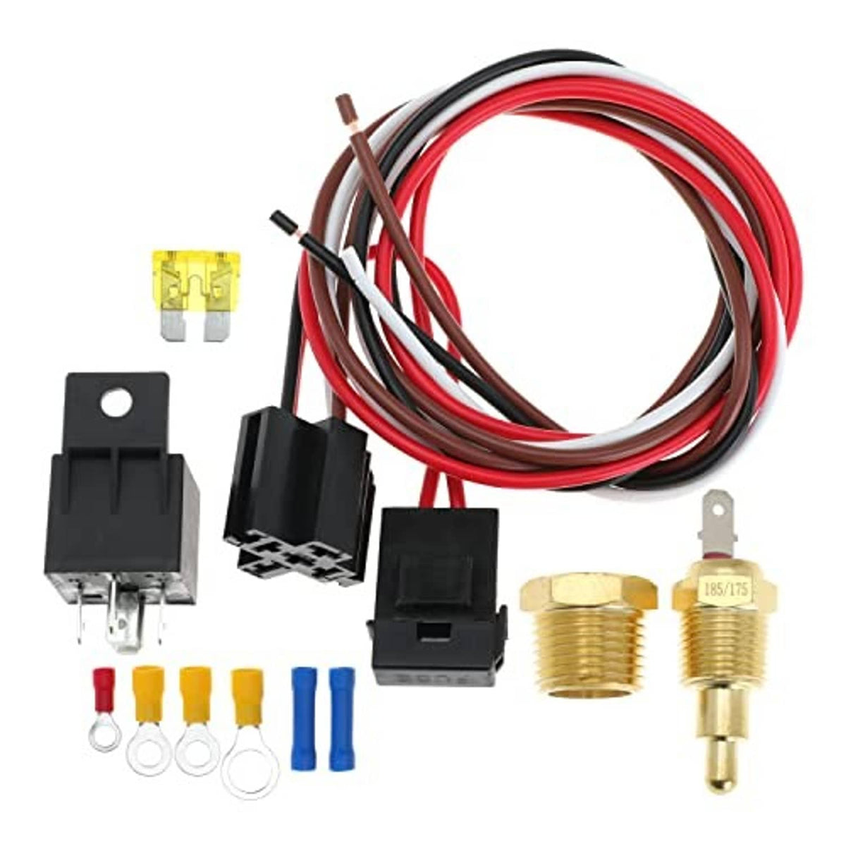 Electric fan relay wiring kit components: relays, brass temperature sensors, ring terminals, wires