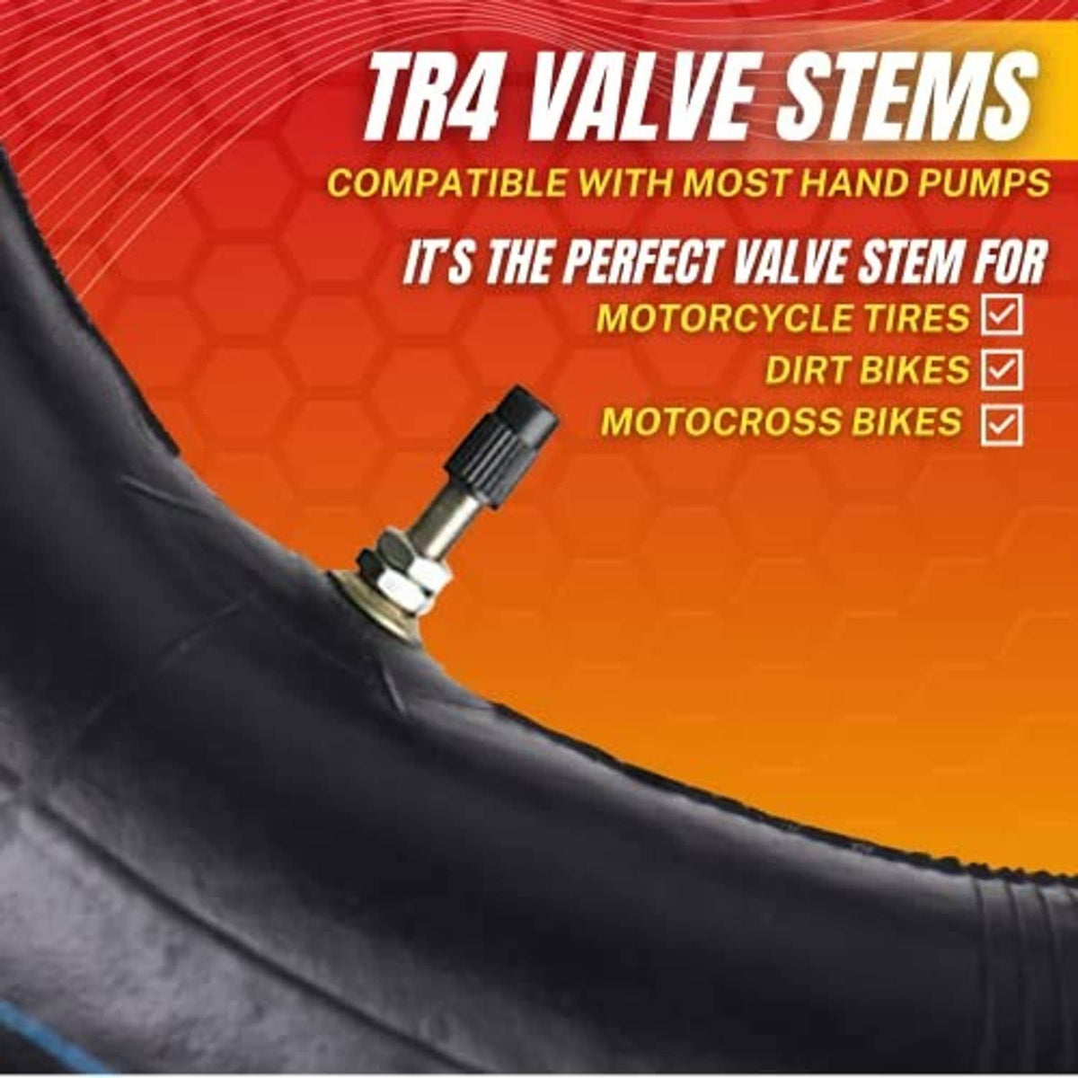 Black inner tube valve stem with TR4 fitting for compatible hand pumps