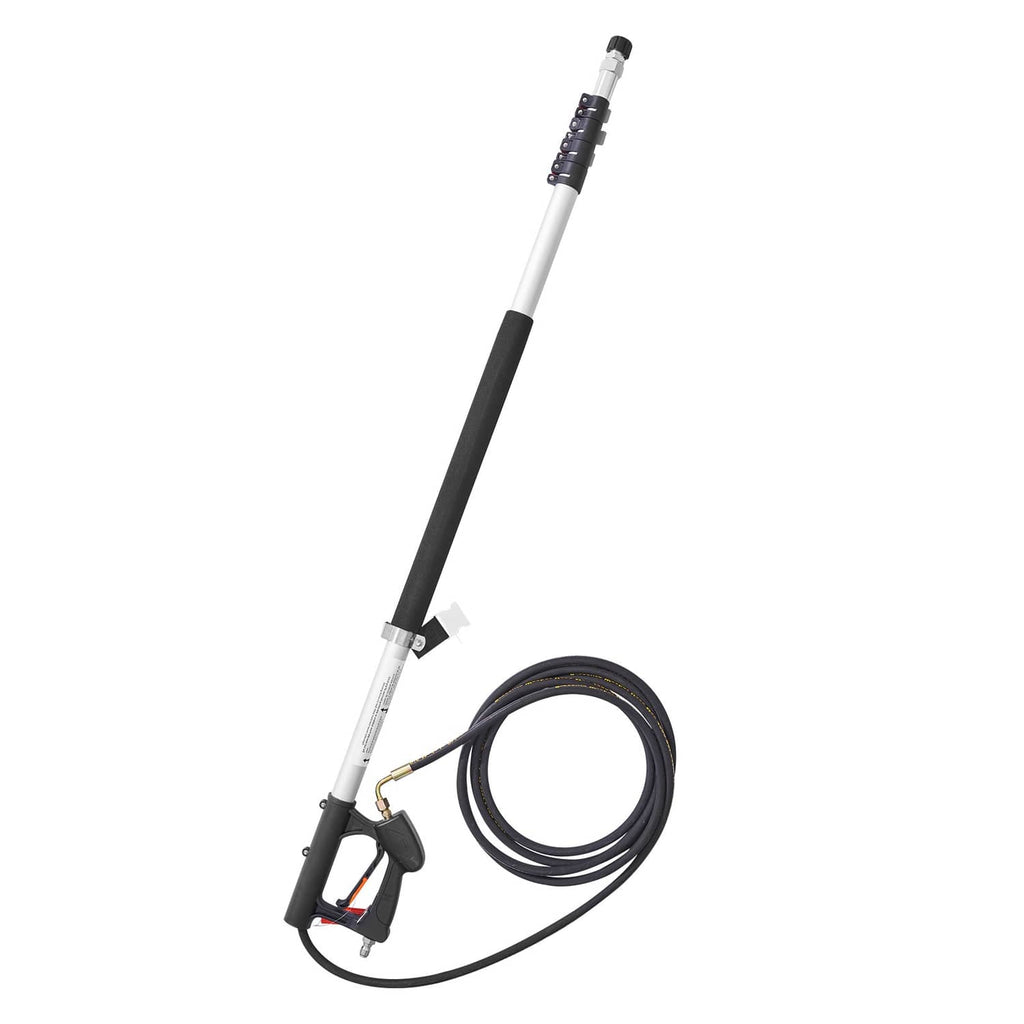 Telescoping pressure washer wand with black-and-white handle and attached pressure hose