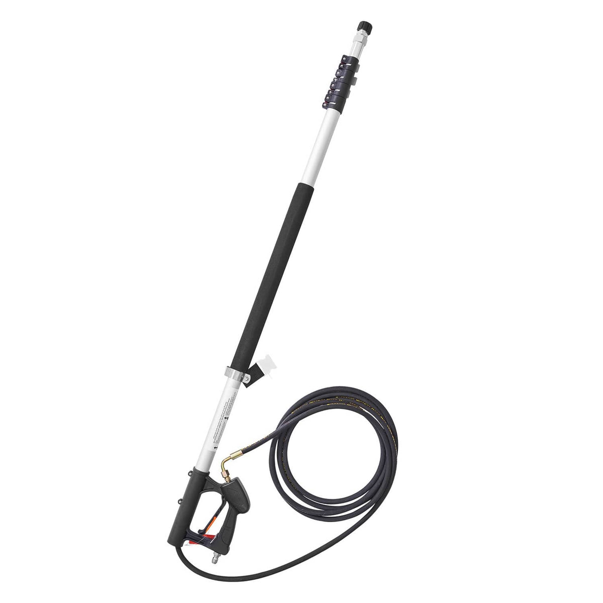 Telescoping pressure washer wand with black-and-white handle and attached pressure hose