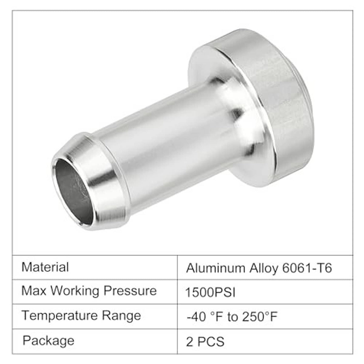Silver weld-on hose barb tail nipple with flared weld collar and barbed end