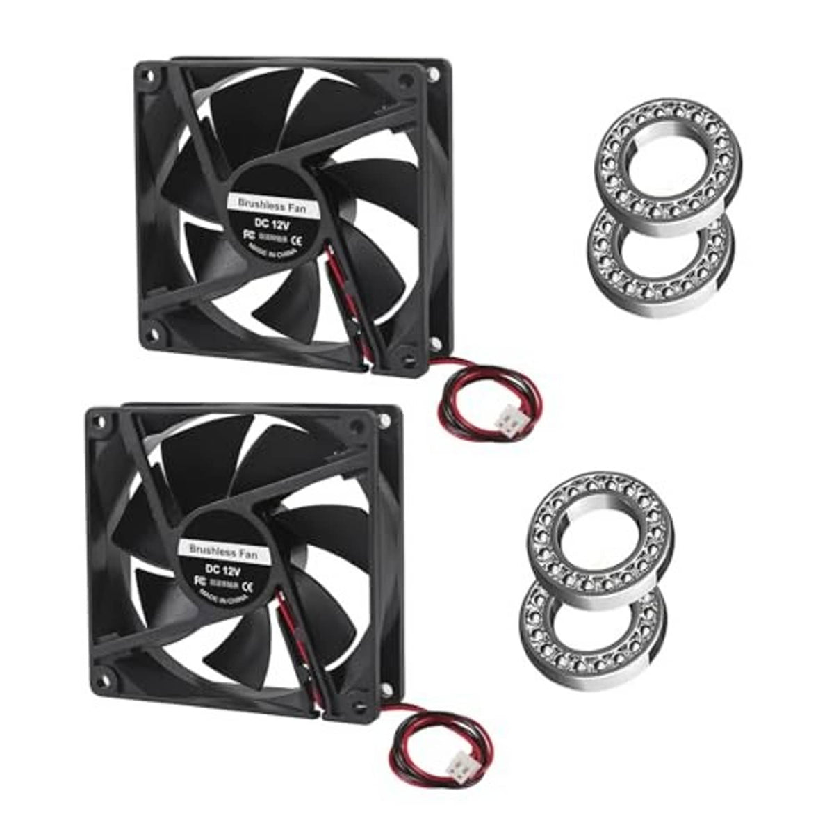 92mm brushless PC fans with dual ball bearings, red/black 2-pin power leads, 2-pack