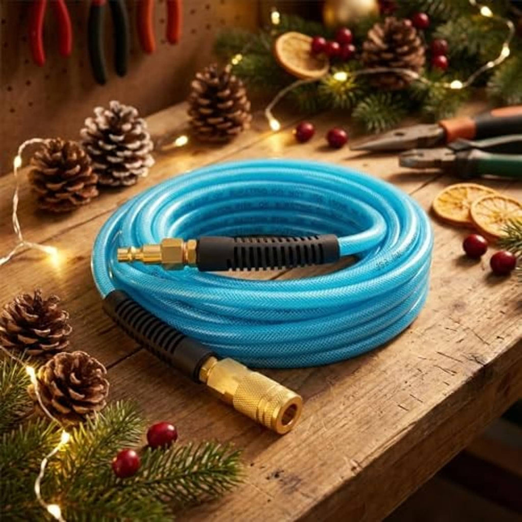 Coiled blue air hose with brass I/M-style fitting and black protective housing