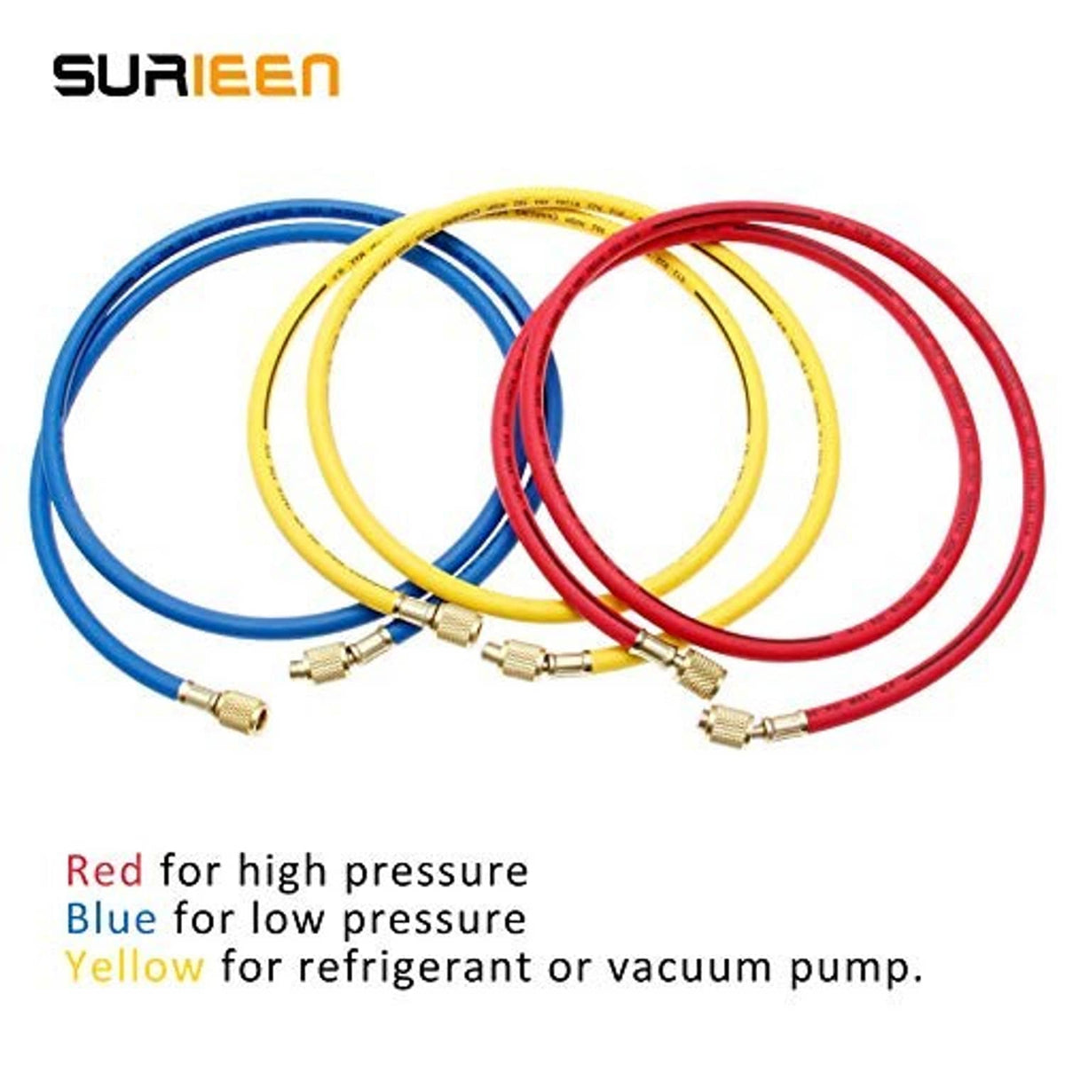 Refrigerant charging hose set with three colored lines and metal gauge-style couplers