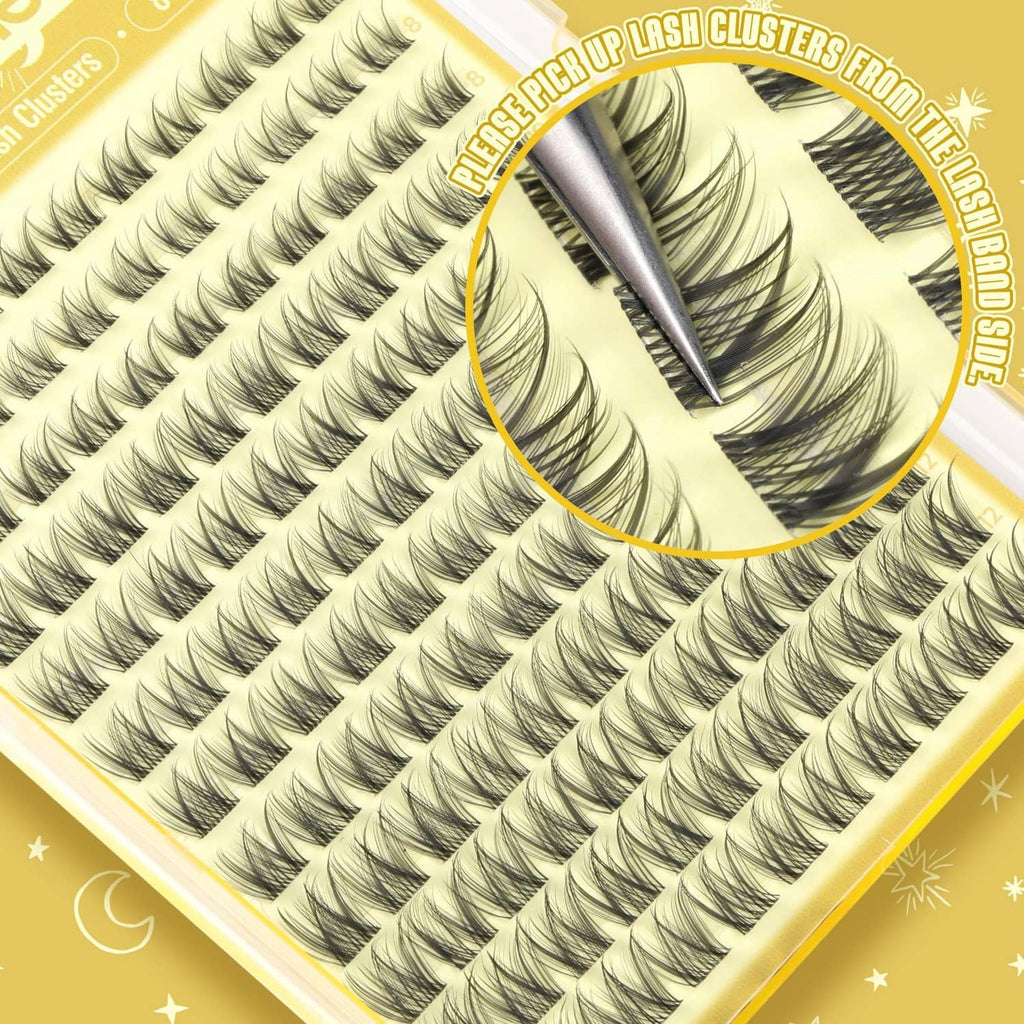 Black lash cluster strips held with a metal applicator in yellow packaging