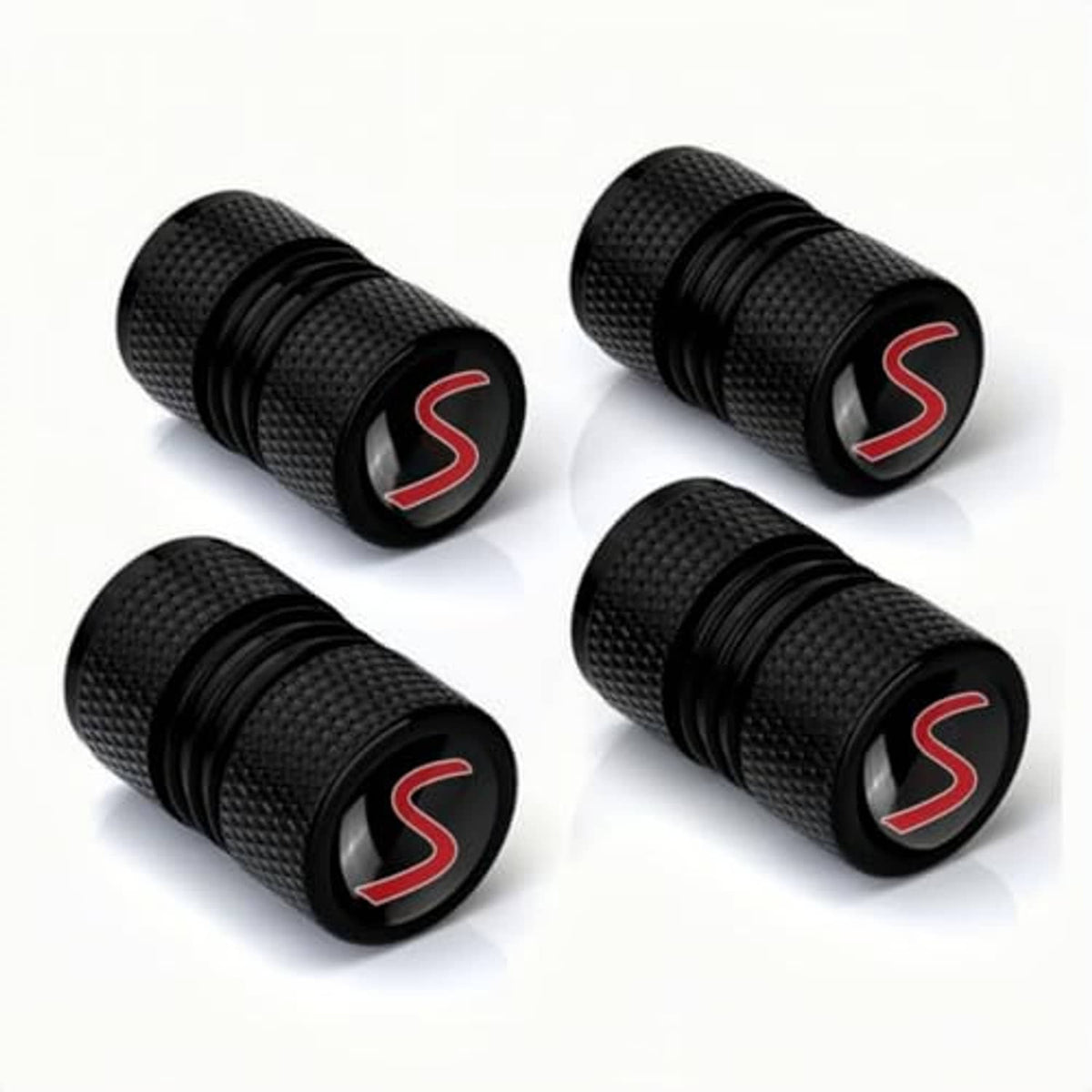 Four black knurled wheel valve caps with red S logo, protective cap style