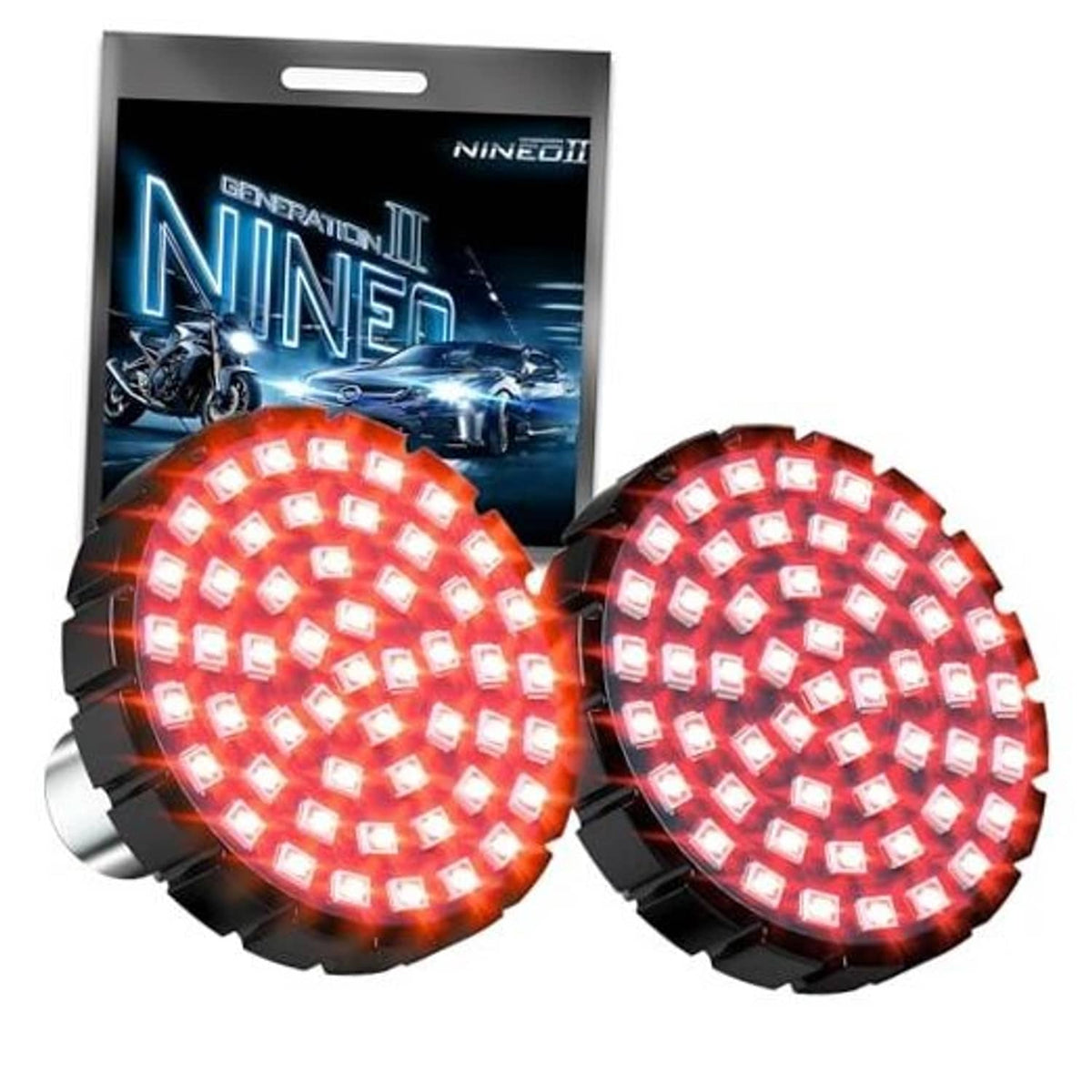 Red 1157 LED bullet turn signal bulbs, two circular LED array bulbs
