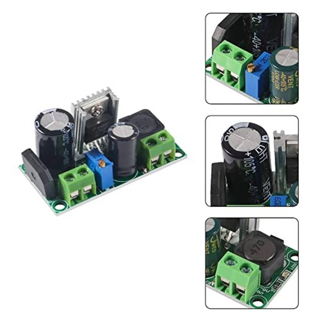 Step-down buck converter board with electrolytic capacitors and green input/output terminals