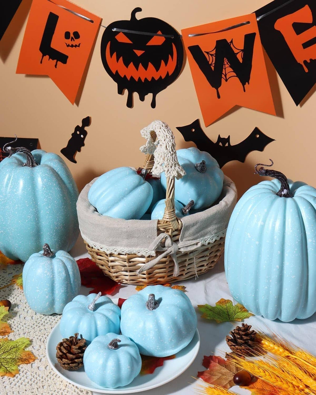 Light blue plastic pumpkins with metal stems arranged for Halloween centerpiece