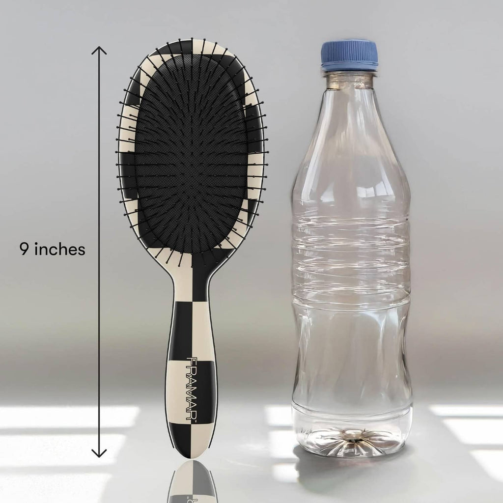 FRAMAR detangling hair brush, oval black bristle pad with checkered handle, 9-inch