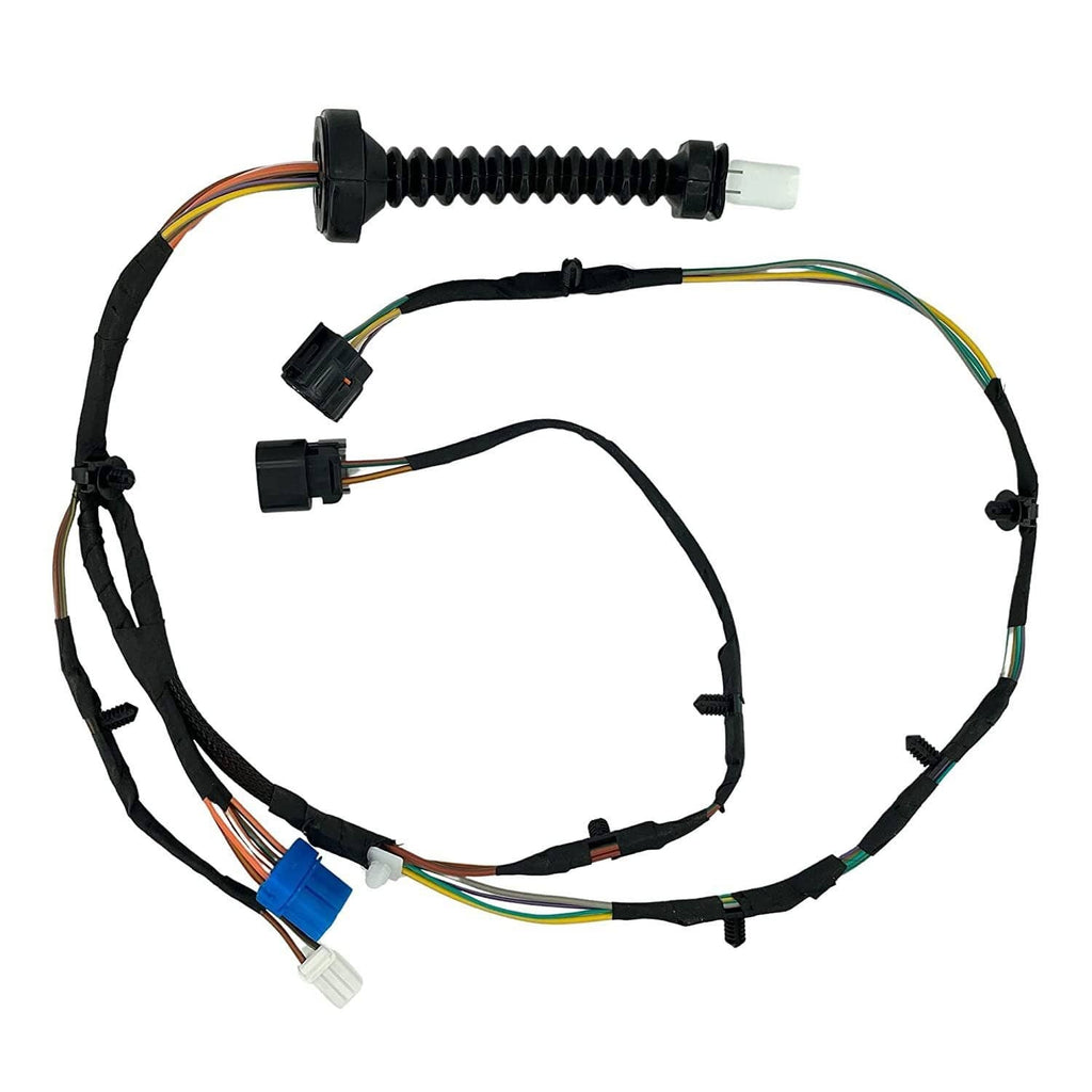 Rear door wiring harness with black cable loop, corrugated conduit, and plug connectors