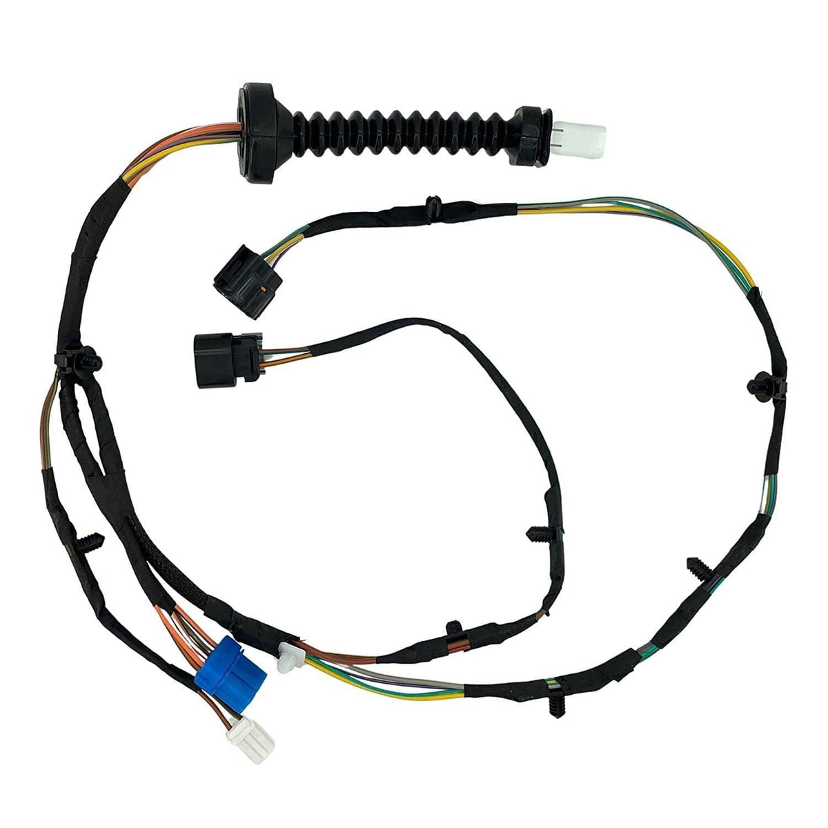 Rear door wiring harness with black cable loop, corrugated conduit, and plug connectors