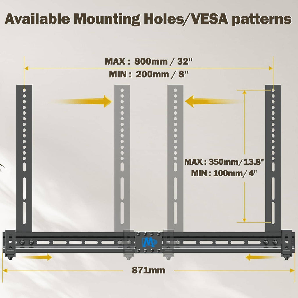 Soundbar mount bracket with VESA mounting holes shown on a measurement guide